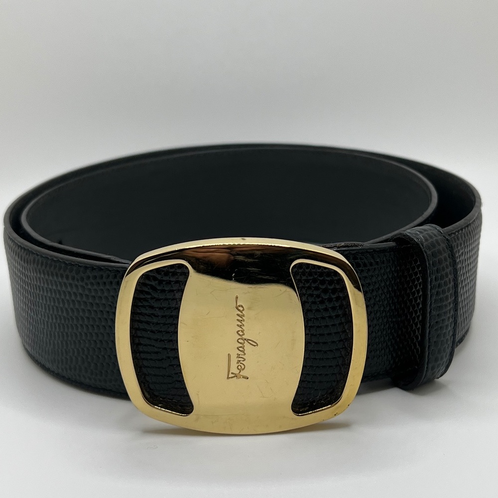 Authentic Vintage Ferragamo Black Embossed Leather Belt with Signed Gold Buckle